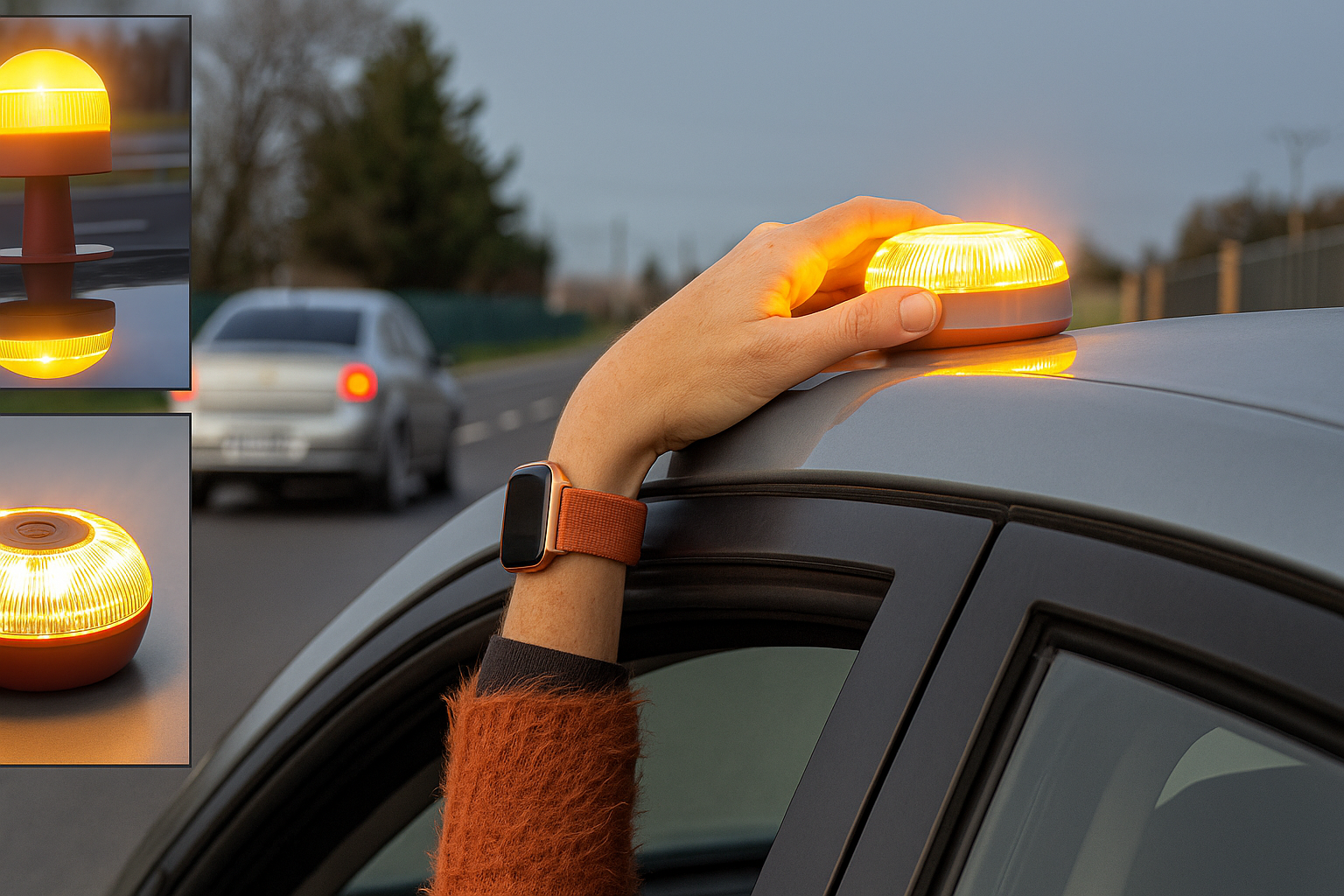 Conductor coloca la baliza V-16 conectada en el techo del coche para señalizar una avería en carretera