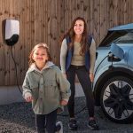 Familia junto a un coche eléctrico cargando en una vivienda
