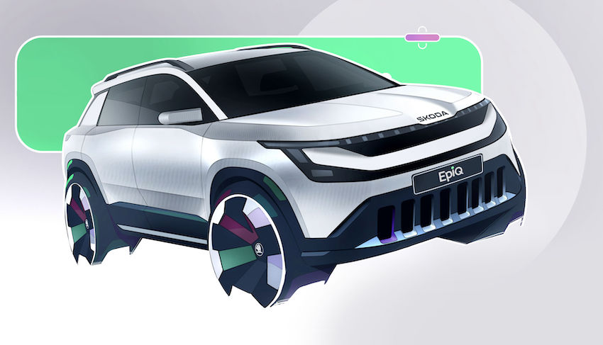 Boceto exterior delantero del Škoda Epiq eléctrico