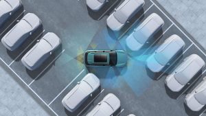 Sistema de sensores del Remote Parking Assist de OMODA & JAECOO detectando una plaza de aparcamiento.