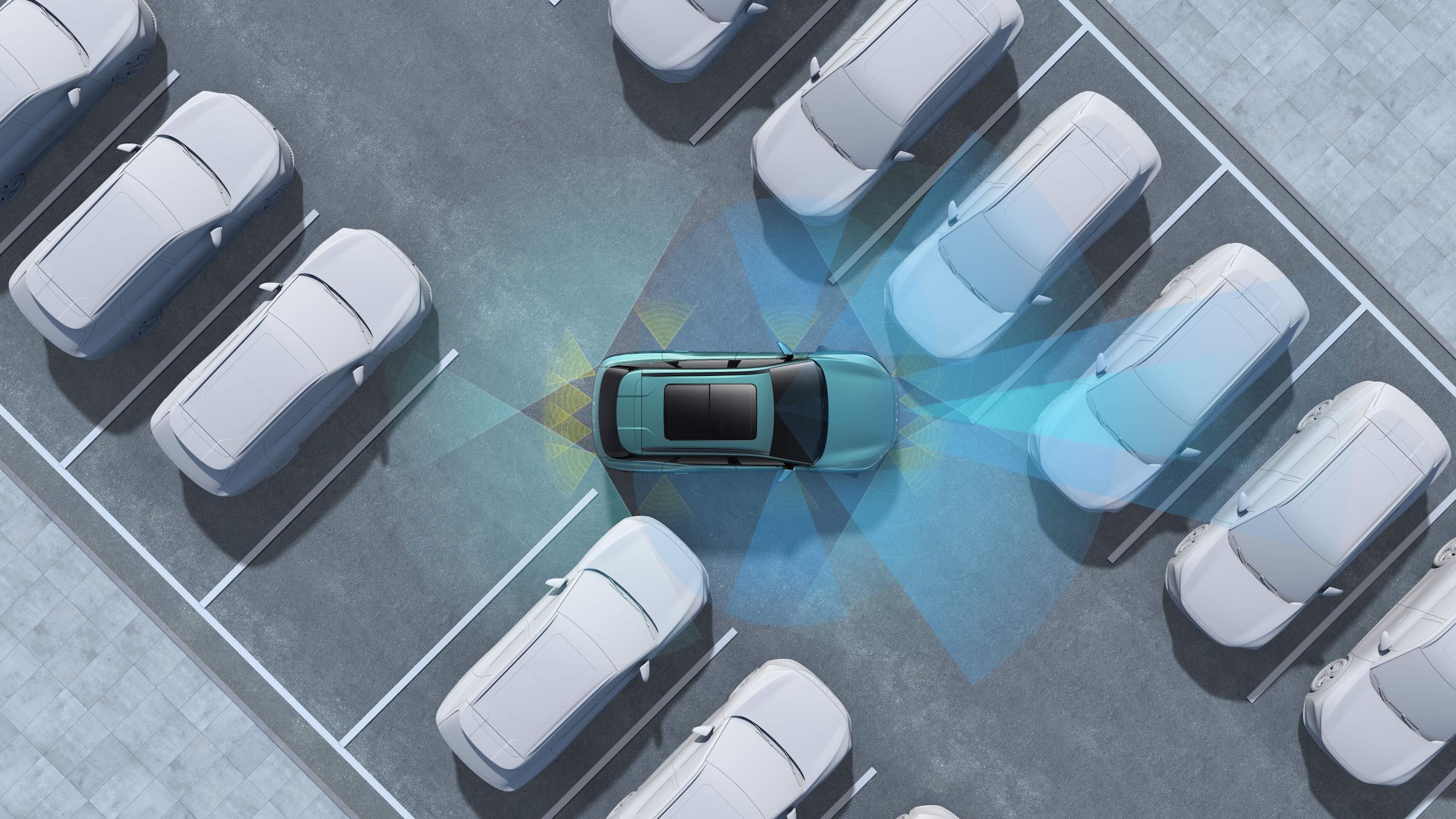 Sistema de sensores del Remote Parking Assist de OMODA & JAECOO detectando una plaza de aparcamiento.