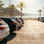 Vehículos aparcados junto a la playa durante un día de altas temperaturas.